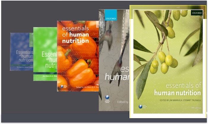 Book covers for five editions of Essentials of Human Nutrition