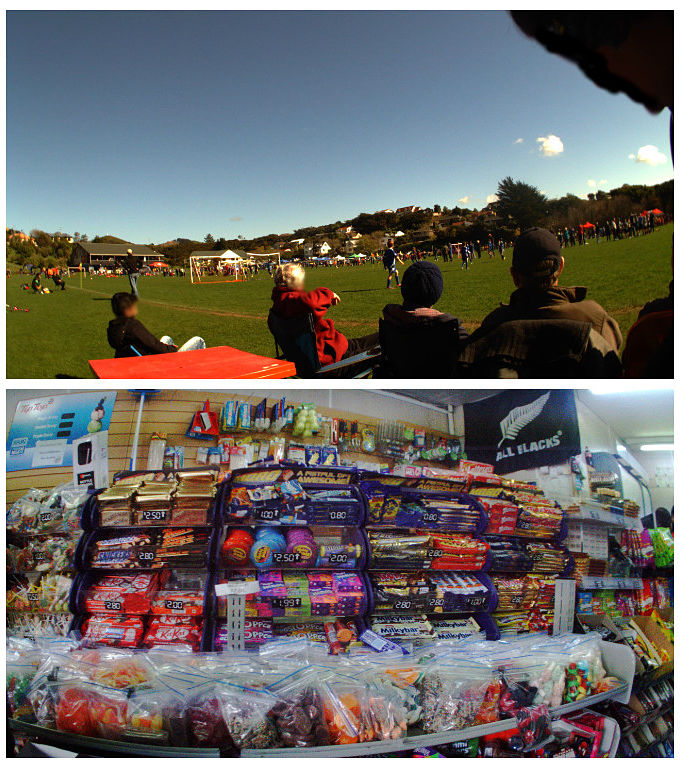 Image captures from the Kids'Cam project showing a family day at a sports field and a view of a dairy full of junk food